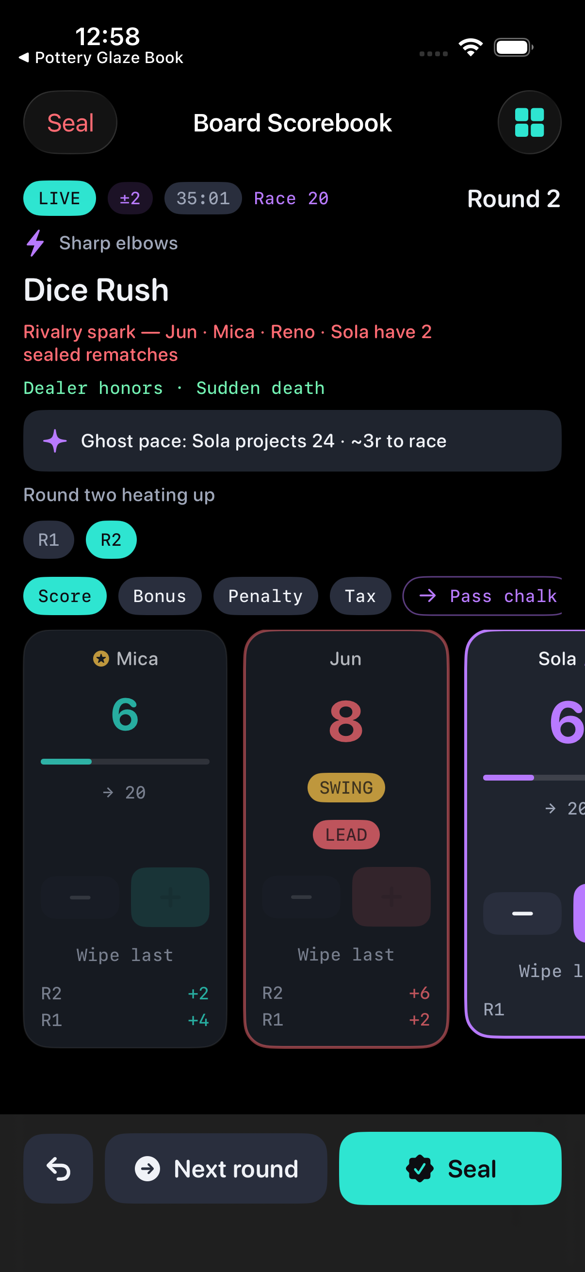 Live scoreboard with player columns